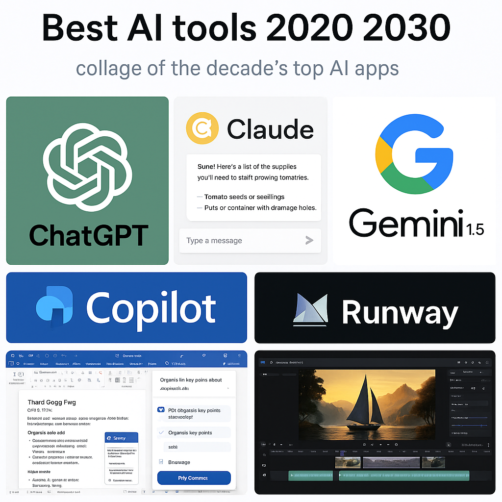 Best AI tools 2020 2030 – collage of the decade’s top AI apps